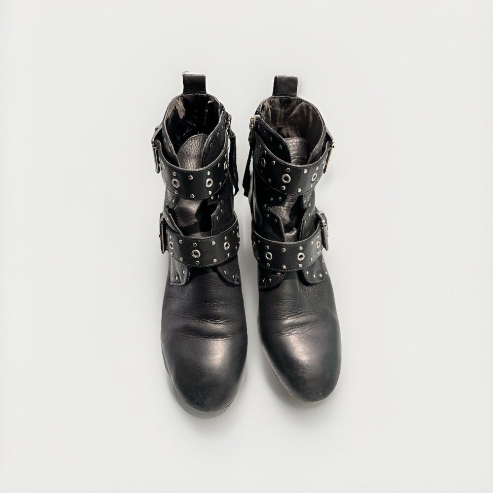 REBECCA MINKOFF Women's Black Leather Lamba Logan Booties Studded Sz 6 Buckle - Picture 8 of 14